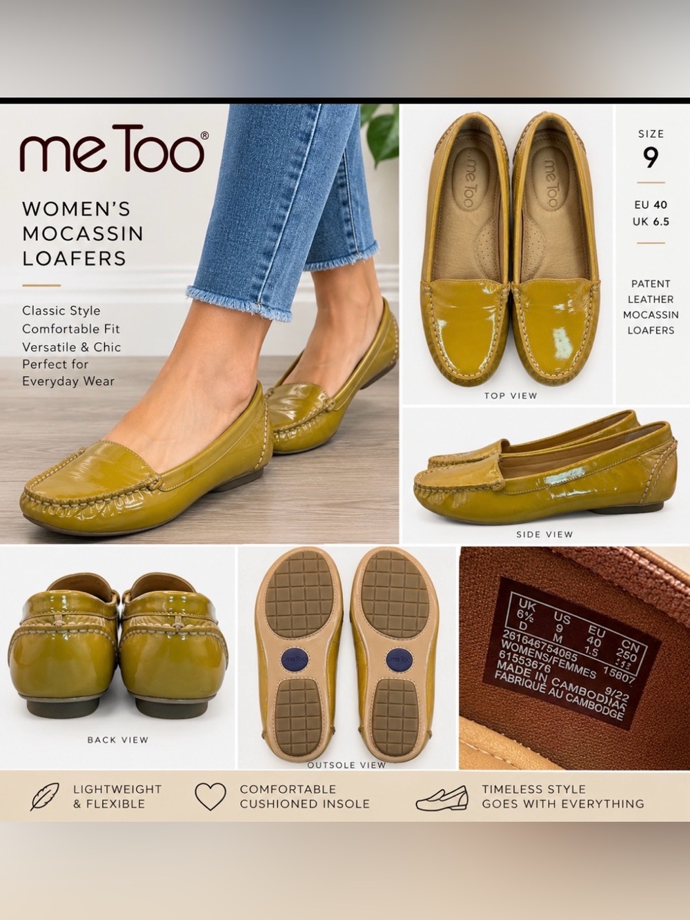 Me Too Patent Leather Moccasin Loafers Mustard Olive Women’s Size 9